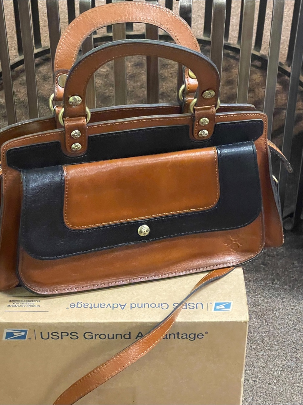 Two-Tone Brown and Black Leather Satchel Handbag